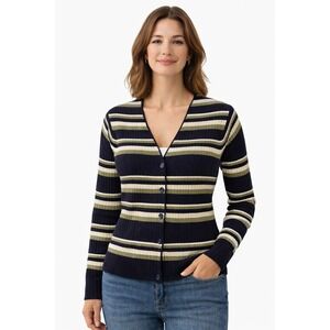 LESLIE FAY SPORTWEAR Ribbed Stripe Cardigan Sweater Women's Medium